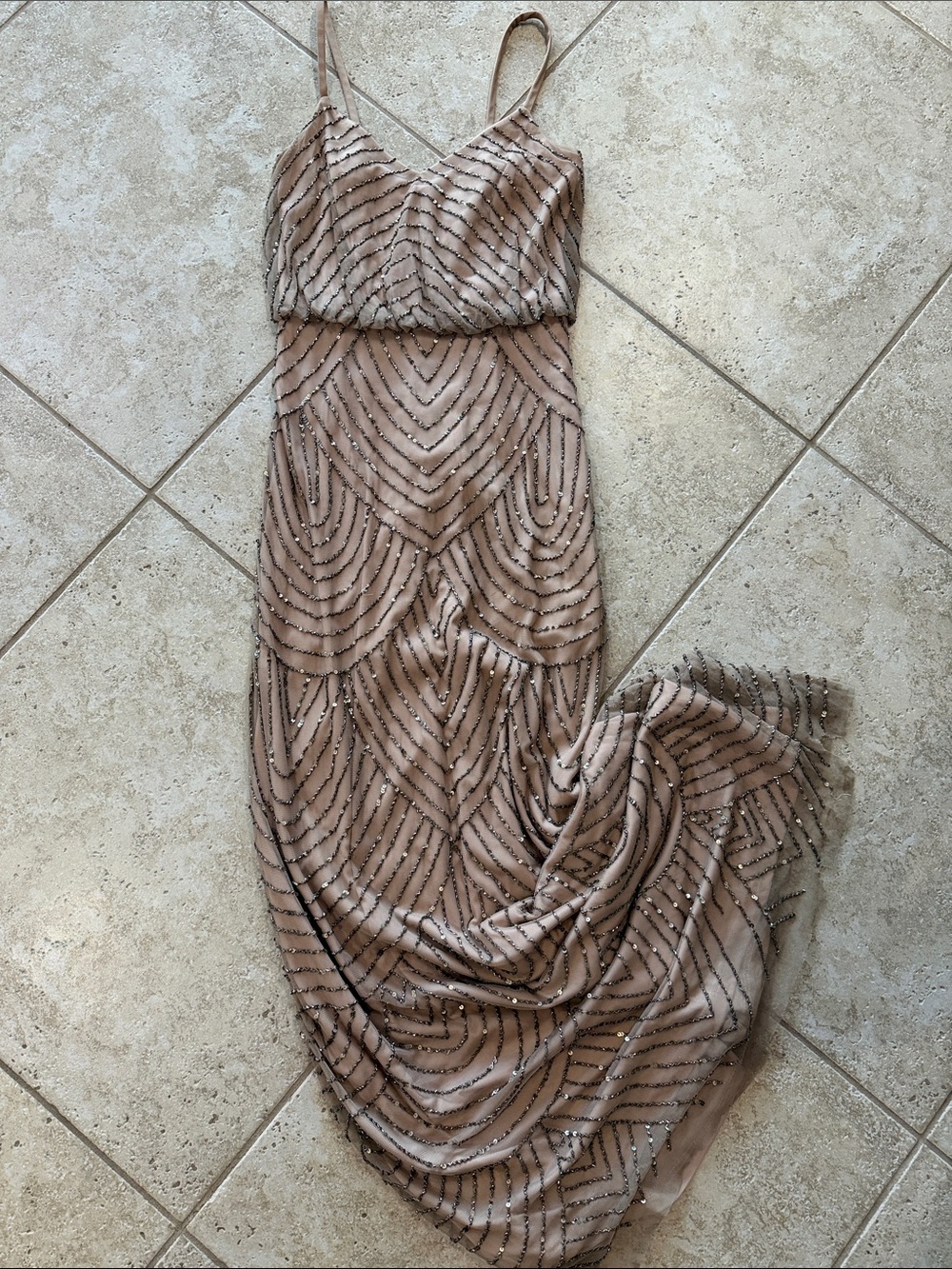 Adrianna Papell Nude Beaded Spaghetti Strap Gown
